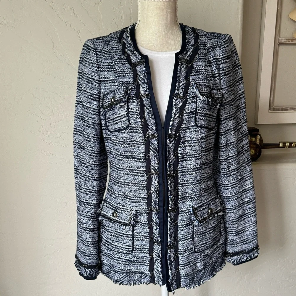 White House Black Market Blue Tweed Fringe Chain Embellished Blazer Jacket Sz. 8